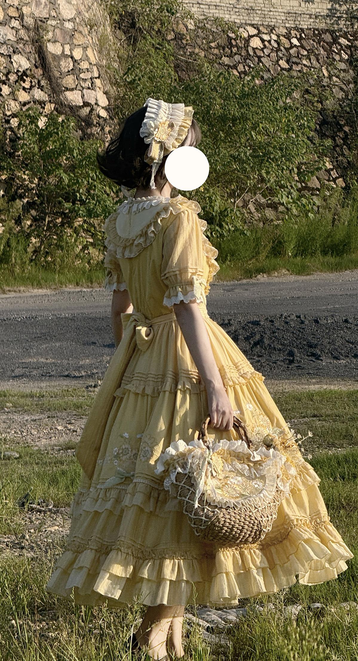 Moonlight Amber - Sunflower - Embroidered Country Lolita Dress, Tiered Skirt