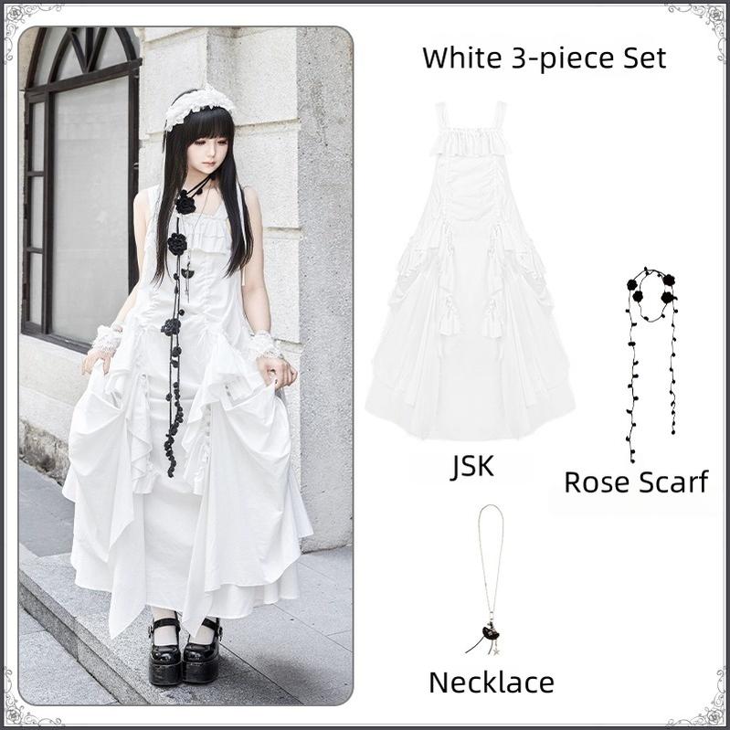 With PUJI - Dream - Daily Twins Lolita JSK, Loose Fit, Hidden Pockets White 3-piece Set (black JSK + black rose scarf + necklace) S