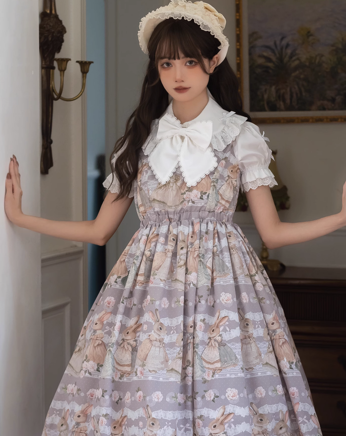 Fruit and rice - Tea Break Rabbit - Vintage Lolita JSK Rabbit Print Multicolors M Gray JSK Extended Version (Length 130 cm / 51.2 inches)