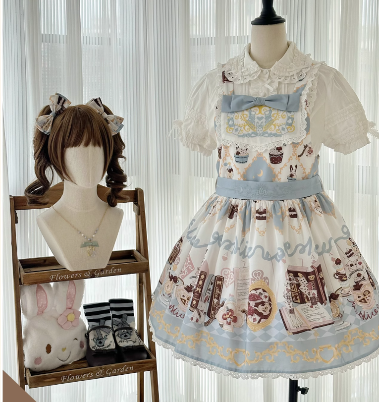 Sweet Dream Sheep - Alice Cat - Printed Kawaii Lolita Dress Blue Salopette + Waist Tie S