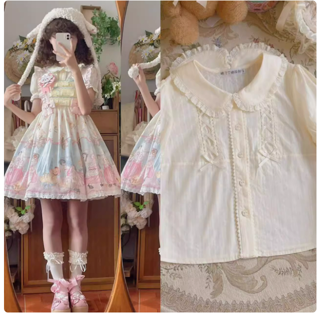 MeowMeow - Sheep Pattern Waltz Princess Lolita JSK Salopette S Extended JSK + apricot shirt