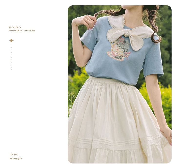 NyaNya - Four Seasons Collection - Sweet Lolita T-shirt Summer Loose Fit Embroidered T-shirt