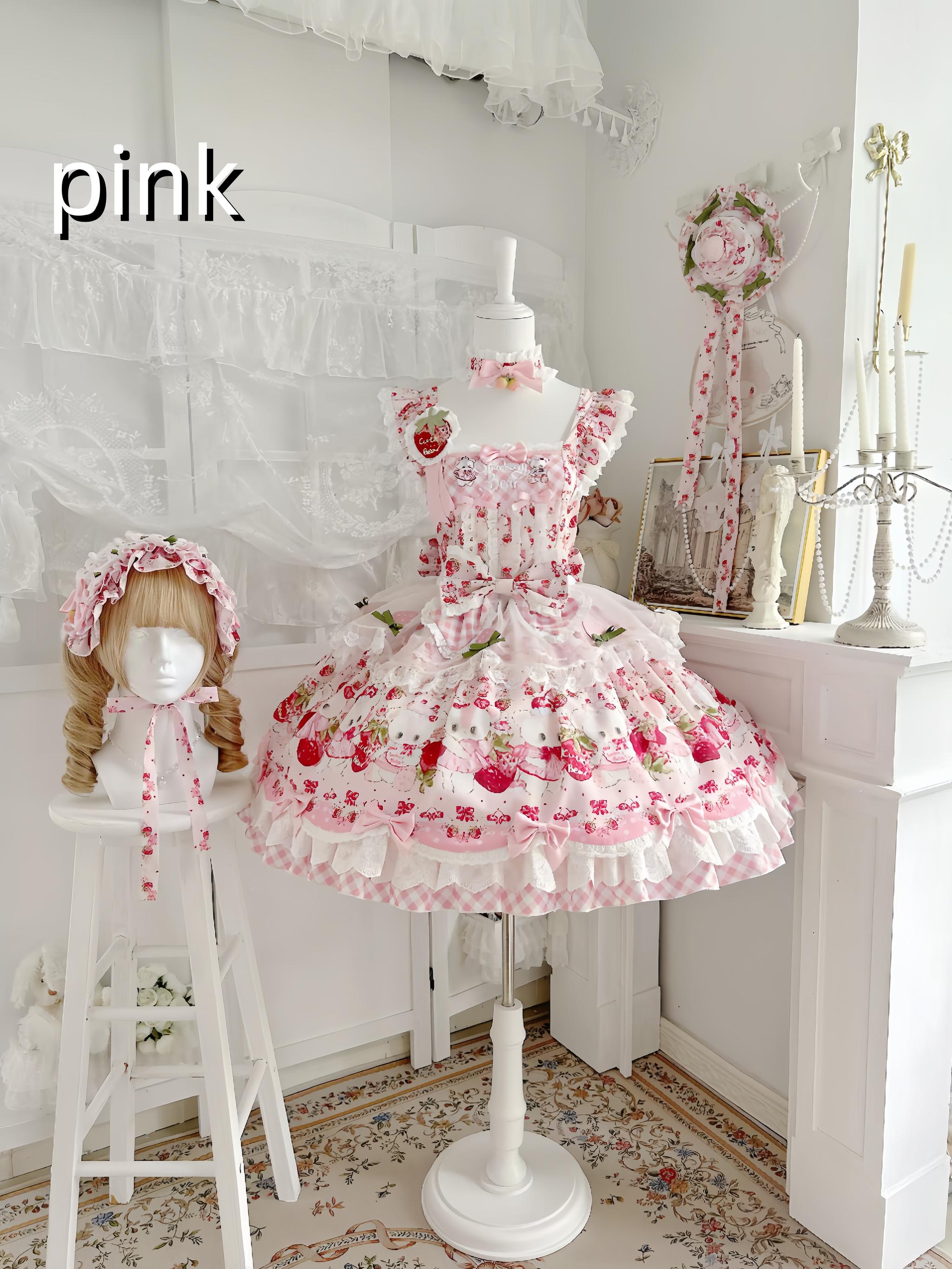 Berry Bear Whisper - Sweet Lolita JSK Set, Strawberry Bear Themed Print (2XL 3XL 4XL L M S XL XS) 45904:867671