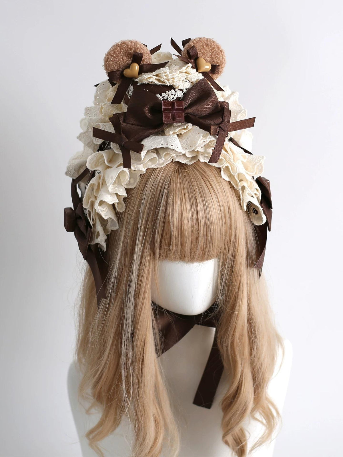 Coffee Brown Kawaii Lolita Hairband Accessory Set, Lace & Bear Ears 46088:874541