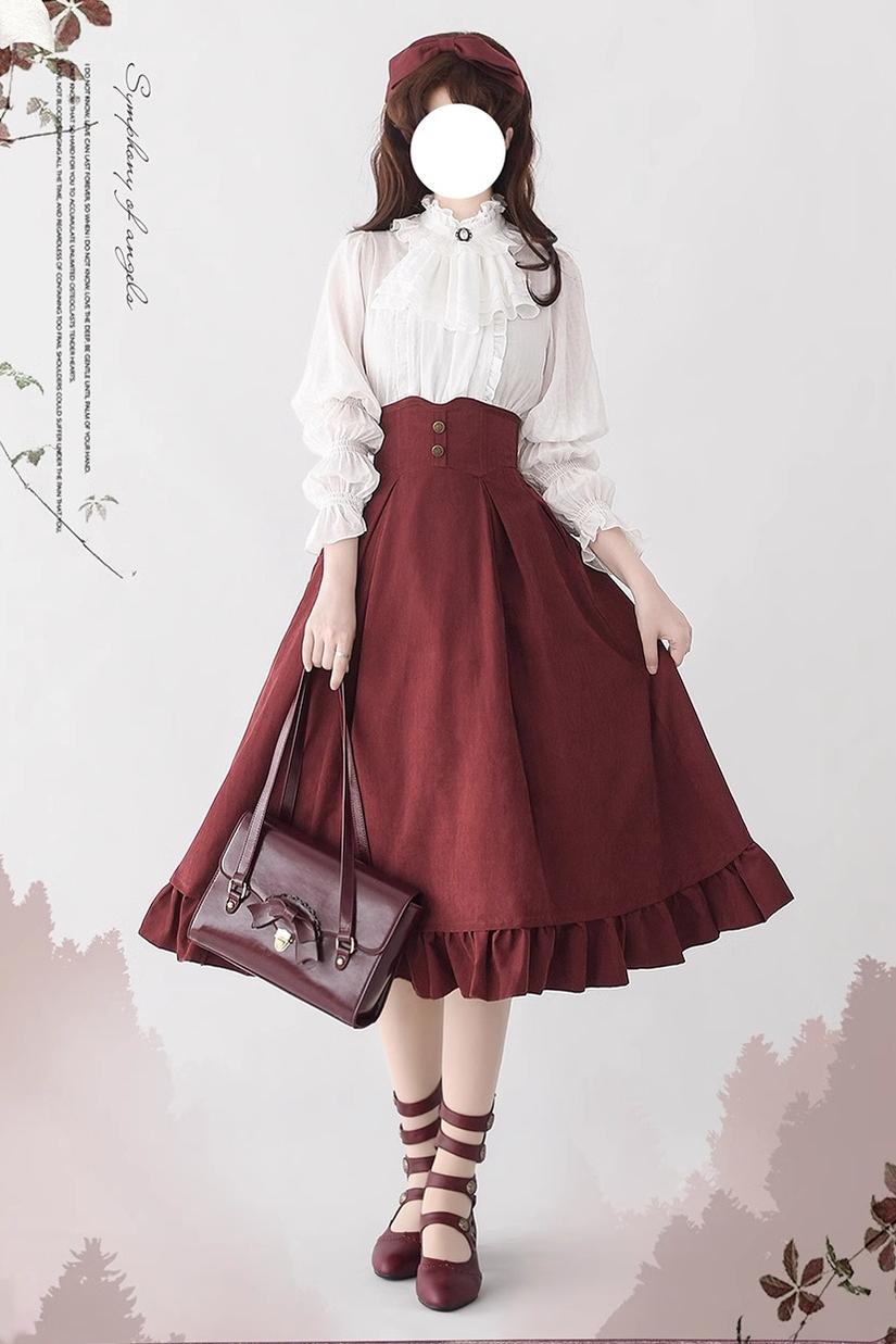 Forest Wardrobe - Misty Forest - Elegant Vintage Fishbone Lolita Long Skirt & Vest S Retro Red Skirt