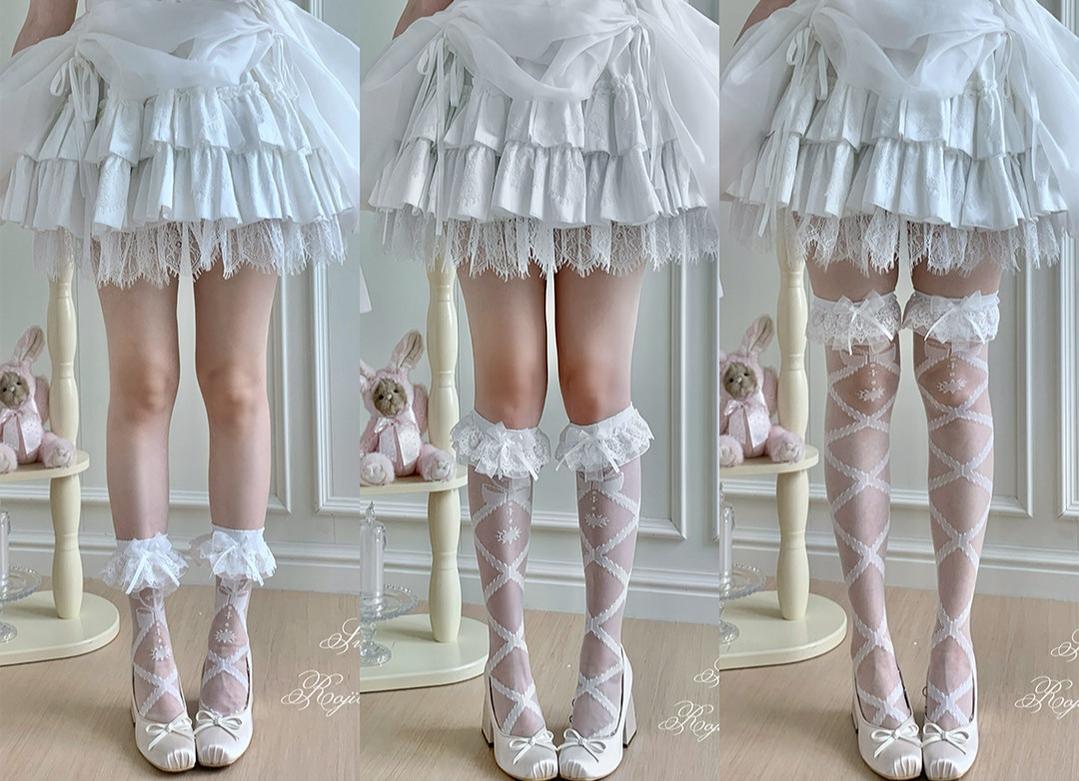 Lolita Cross Printed Socks with Layered Lace Trim Cuff 45516:852727