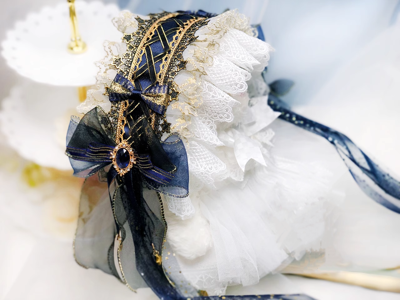 Qianye - Elegant Lolita Headband Gorgeous Lolita Headdress Indigo black with white lace - no tassels on both sides of butterflies