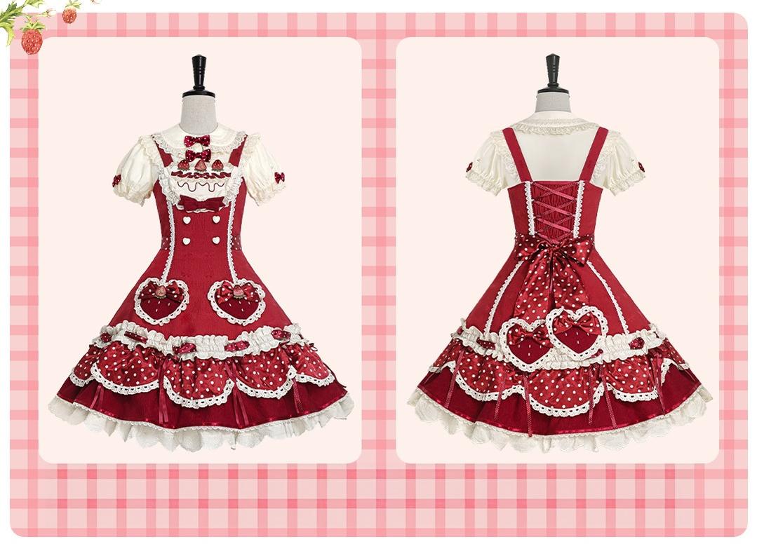 Cream Berry Party - Sweet Lolita JSK Dress, Strawberry Polka-Dot Print 45860:866838