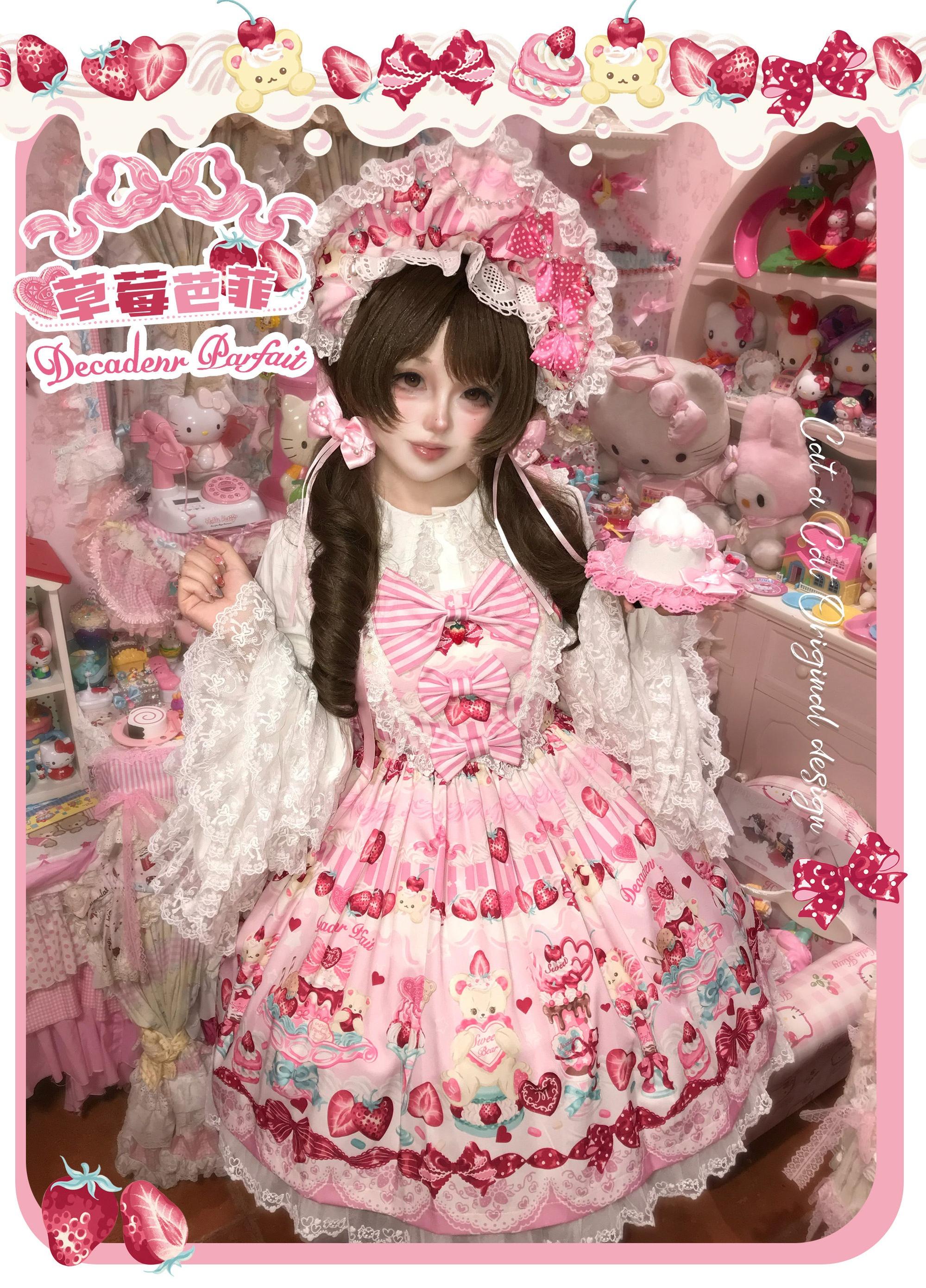 Strawberry Parfait - Strawberry Print Sweet Lolita JSK Dress, Side Pocket 44539:813195