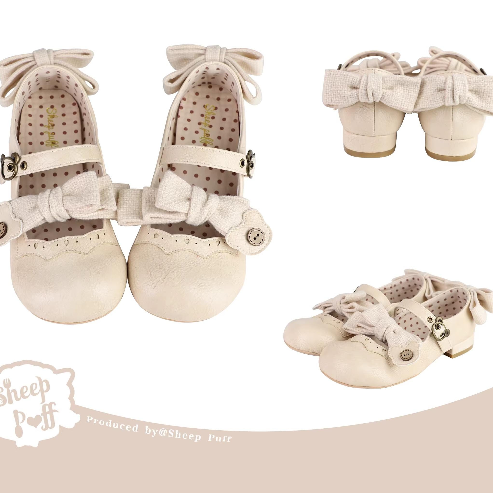 Sheep Puff - Bear Room - Sweet Lolita Shoes Double Bow Round Toe Flat Shoes off-white 34