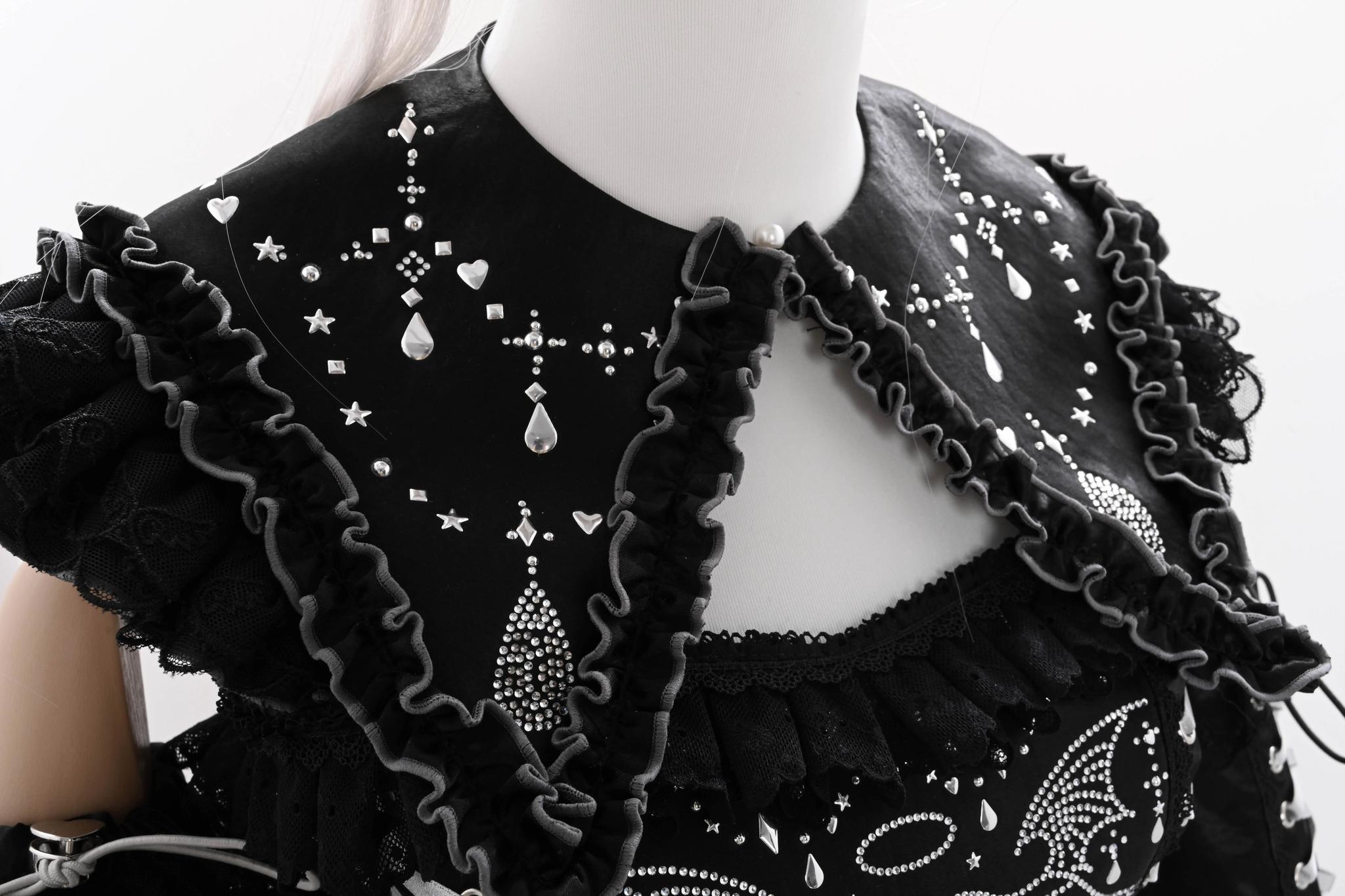 LustrE - Metallic Angel Black - Gothic Lolita Rhinestone Top & Ruffled Skirt Set 43991:791105