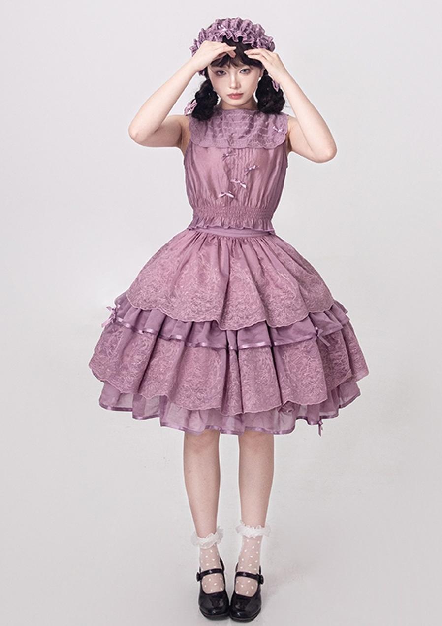 ZJstory - Sonnet Summer - Sweet Lolita Dress Set Embroidery Shirt Tiered Jumper Dress Purple - Tencel shirt Only S