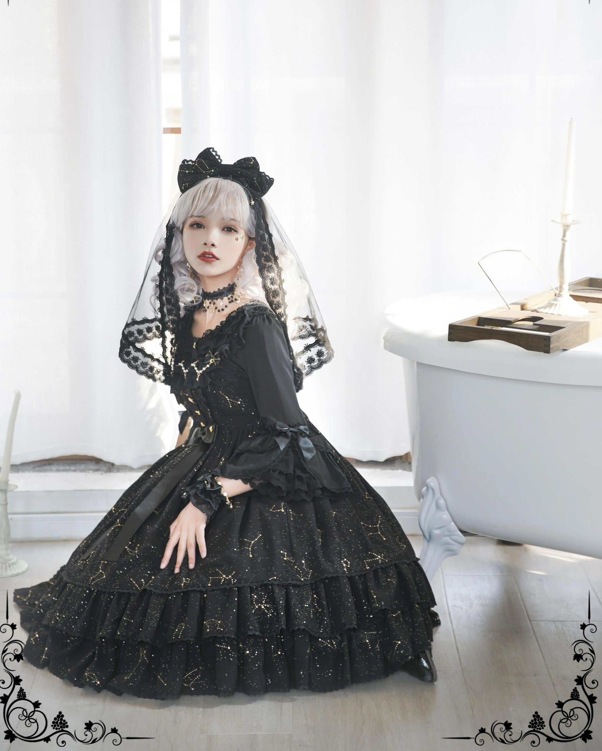 Whisper of Stars - Elegant Lolita Black JSK Dress, Constellation Foil Printing 34582:495546