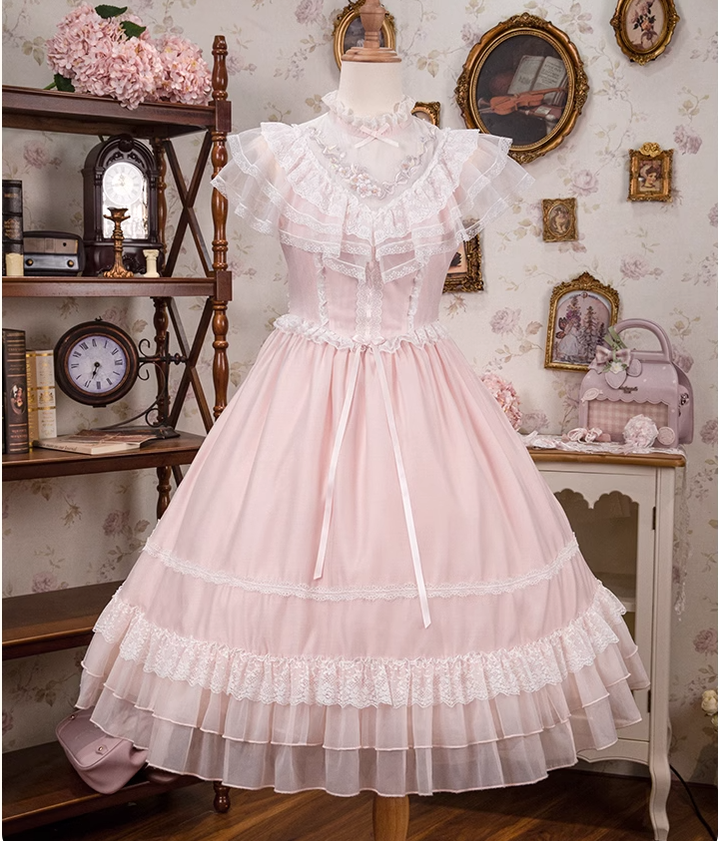 Mademoiselle Pearl~Confession under the Sakura Tree~Sweet Lolita Pink JSK and OP Dress Set (L M S XL XS) 35042:480546
