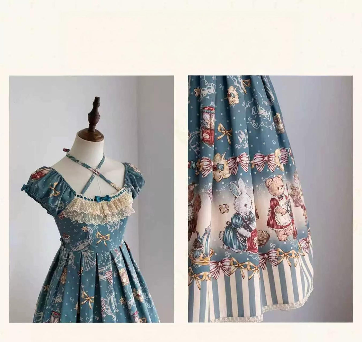 Popcorn Bear - Sweet Lolita OP Dress Set, Bear Tea Party Print 45994:871431