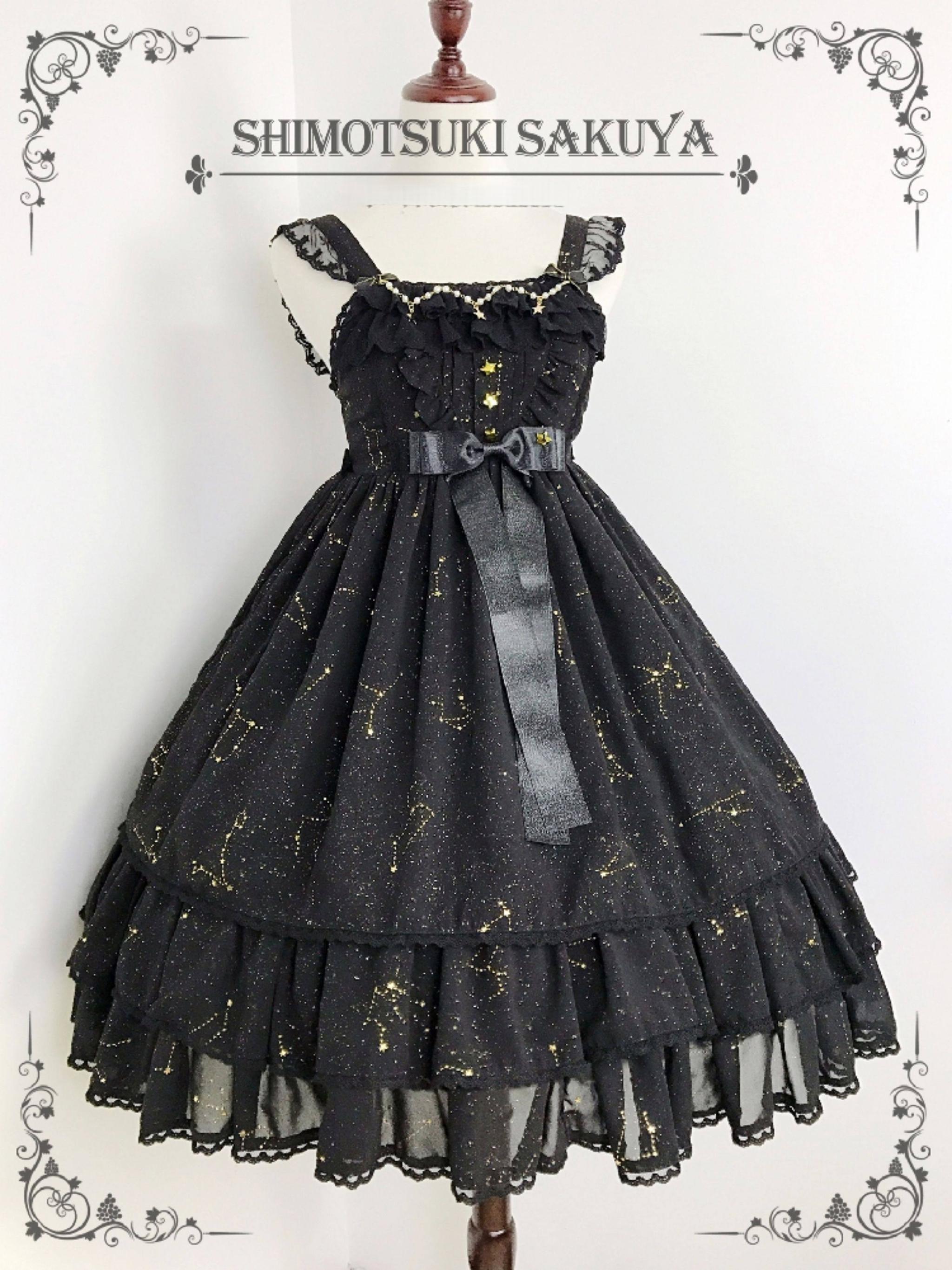 Whisper of Stars - Elegant Lolita Black JSK Dress, Constellation Foil Printing 34582:818999
