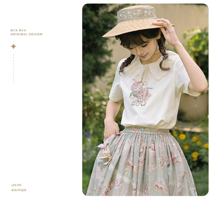 NyaNya - Four Seasons Collection - Sweet Lolita T-shirt Summer Loose Fit Embroidered T-shirt