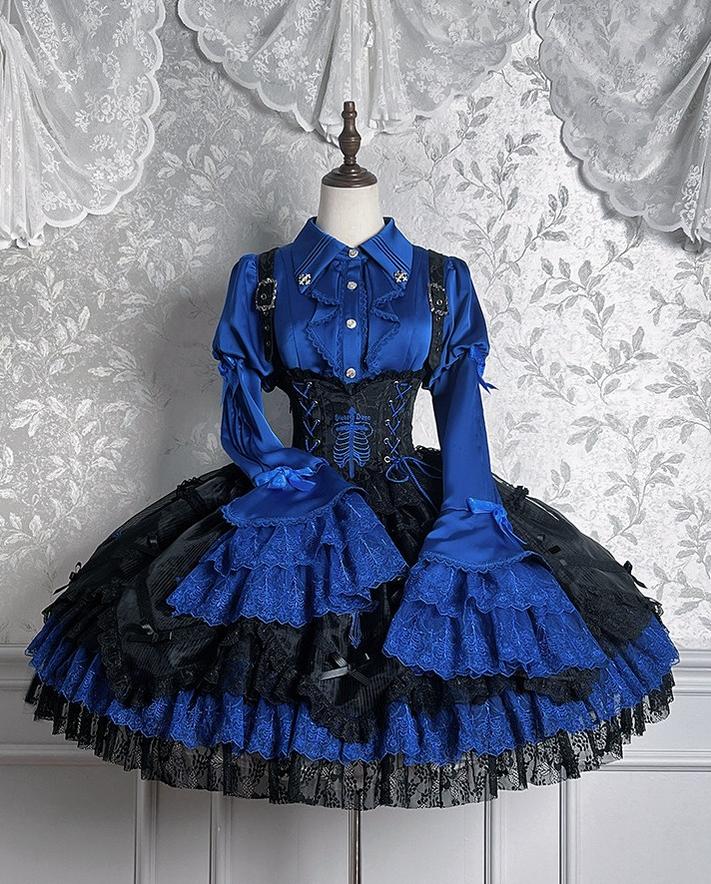 Dark Fog Feast - Gothic Lolita Bust-support Strap Dress, Lace & Cross Black & Blue Bust-support Strap Dress + Blue Blouse XS