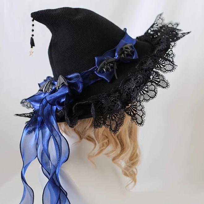 Xiaogui - Halloween Lolita Hat Devil Lace Woolen Witch Hat Children's size (head circumference within 54cm) Dark blue sequin yarn