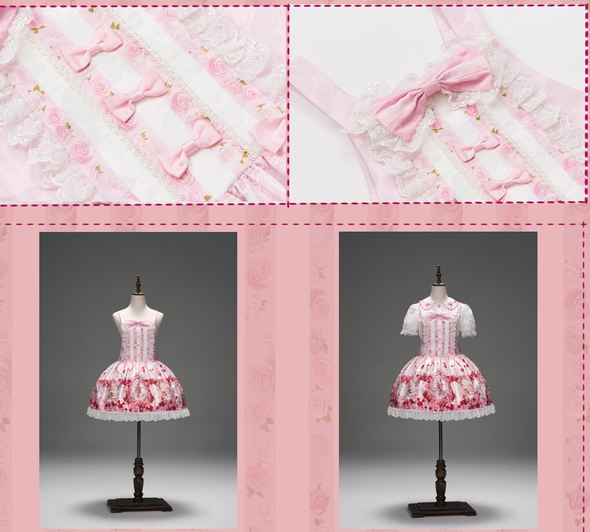 Rose Dream Isle - Sweet Lolita Rose Wall Print Dress, Embroidery & Bows