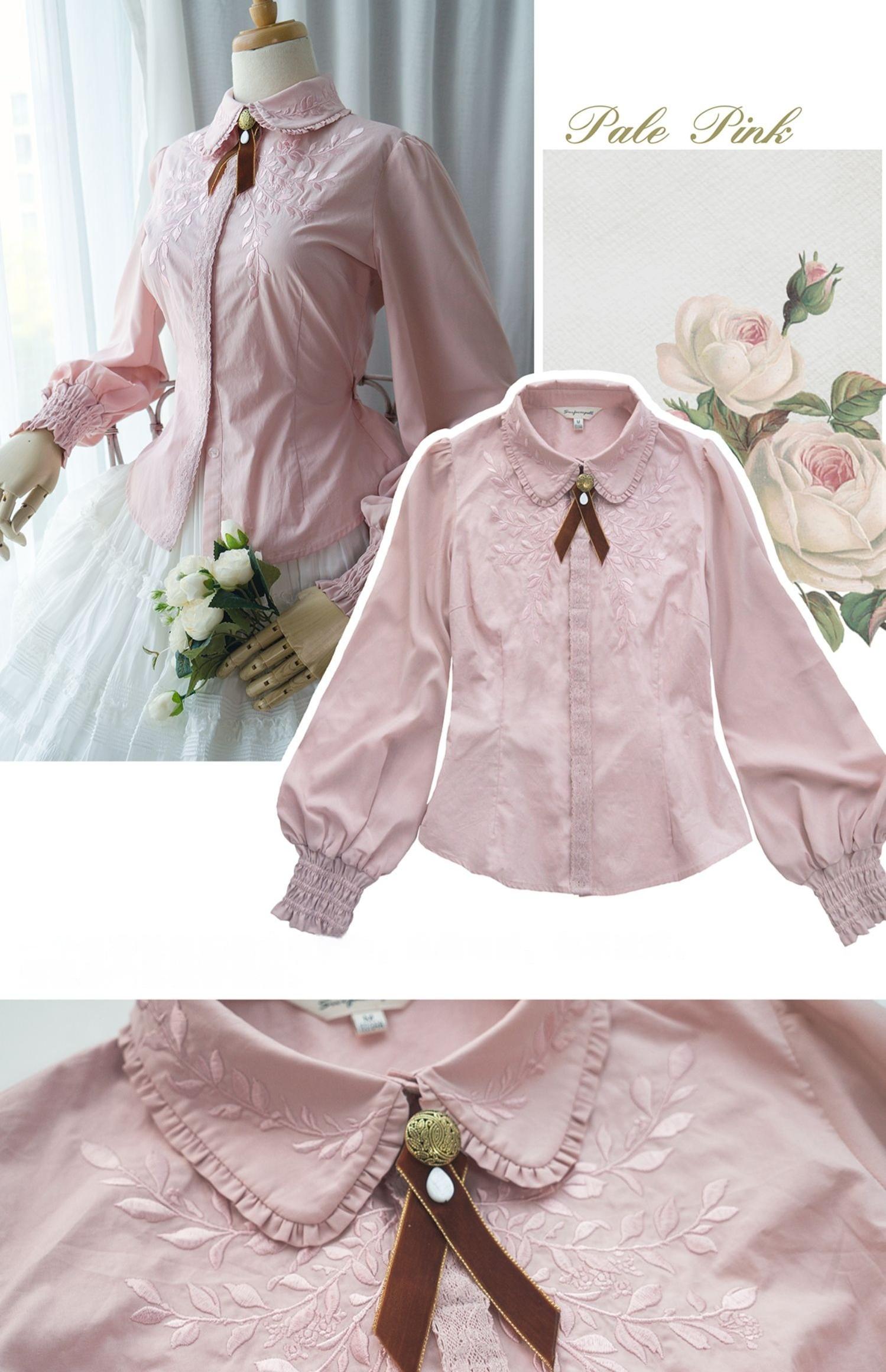 Surface Spell - Ship to Wonderland - Classic Lolita Shirt With Vine Embroidery/Brooch Gray-pink - in stock S