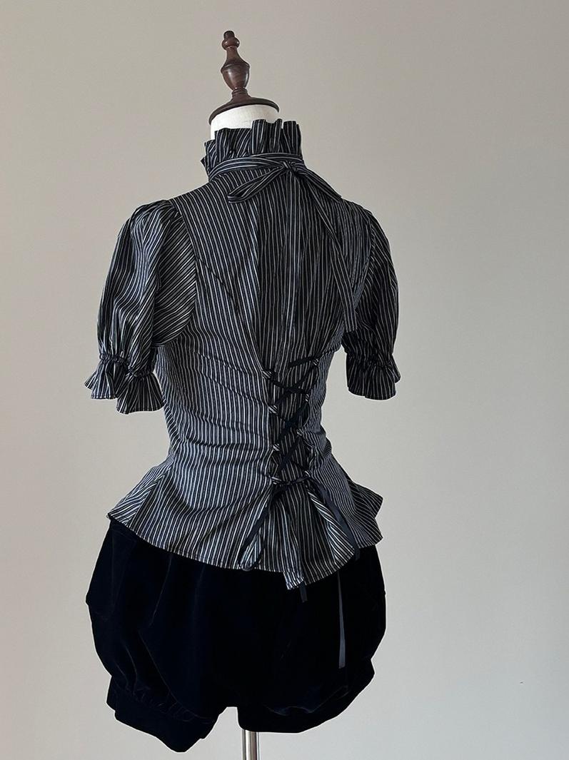 FlowerFairyDaily~Trace Night~Gothic Lolita Short-sleeved Shirt with Adjustable Waist 43008:762813