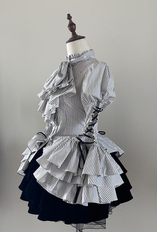 FlowerFairyDaily - Gothic Lolita Striped Shirt With Alternative NeckTie/Jabot 43313:772939