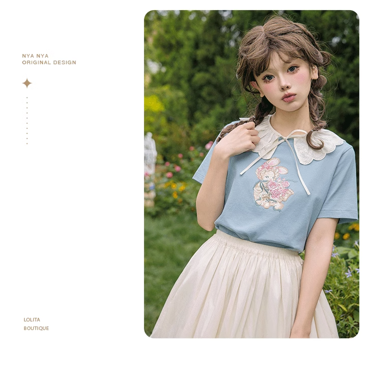NyaNya - Four Seasons Collection - Sweet Lolita T-shirt Summer Loose Fit Embroidered T-shirt