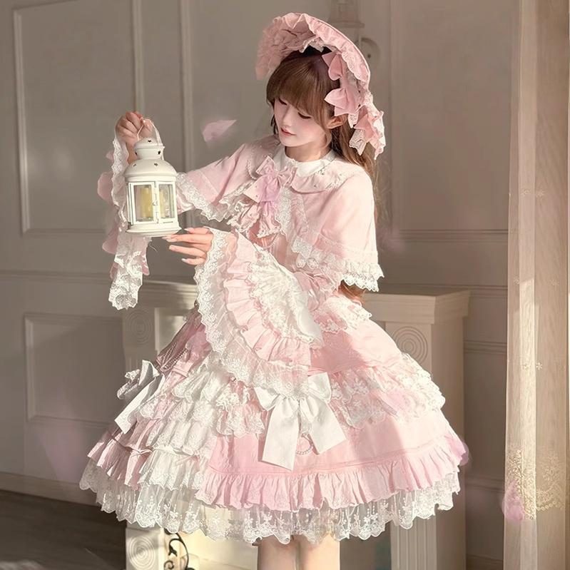 Peach Bunny - Sakura Love - Sweet Lolita Cloak, Detachable Bow Pink Cape One Size