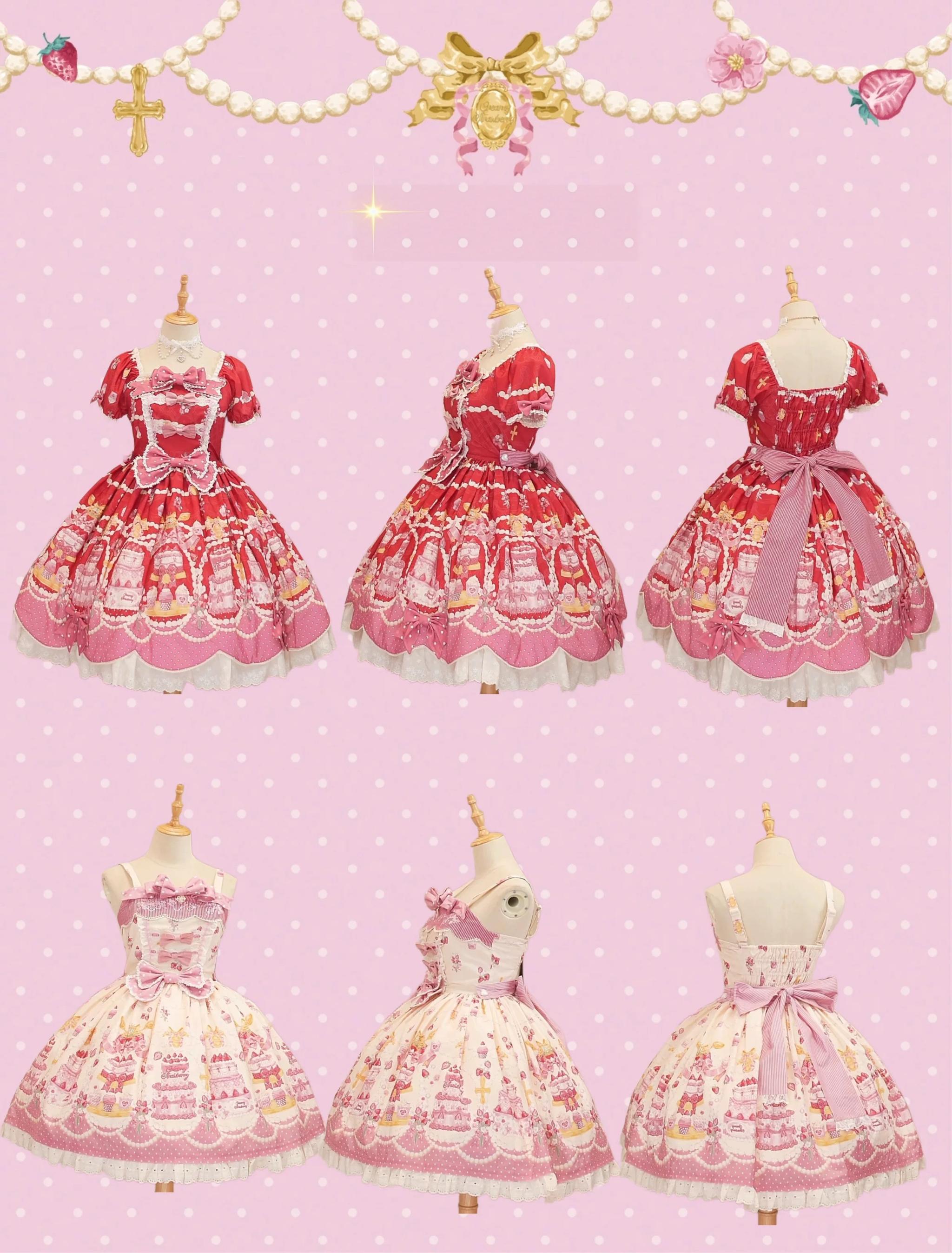 Strawberry Ode - Plus Size Sweet Lolita OP & JSK Dress, Cream Cake Print 45892:867037