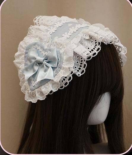 Maiden's Heart Knot - Old School Lolita Polka Dot Bow Accessories with Ruffles Blue Hairband