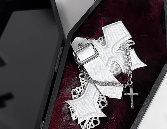 CastleToo - Halloween Gothic Lolita Cross Shaped Brooch Headdress white cross with leather buckle and chain