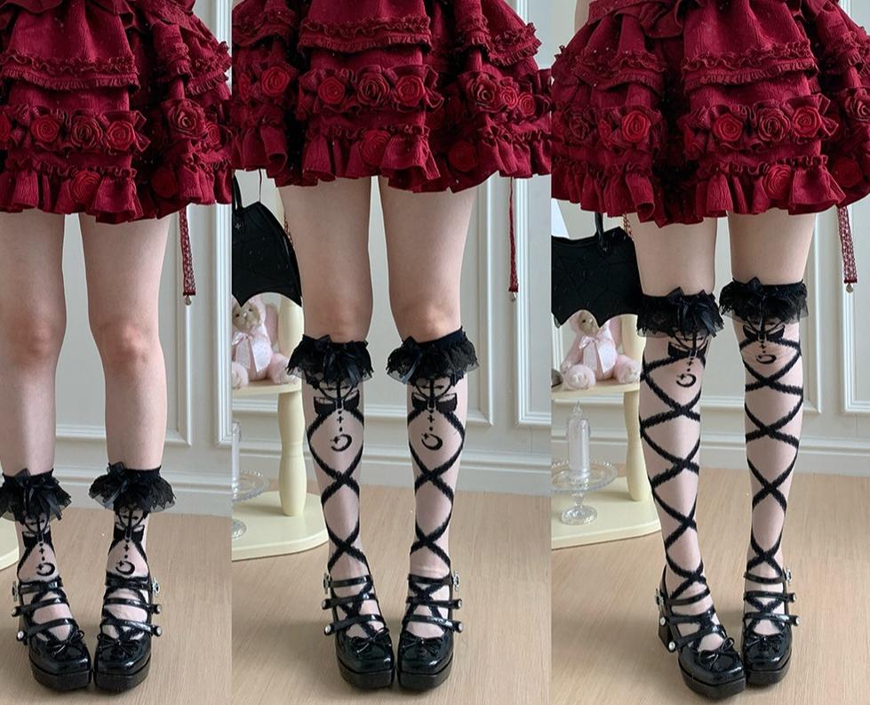 Lolita Cross Printed Socks with Layered Lace Trim Cuff 45516:852726