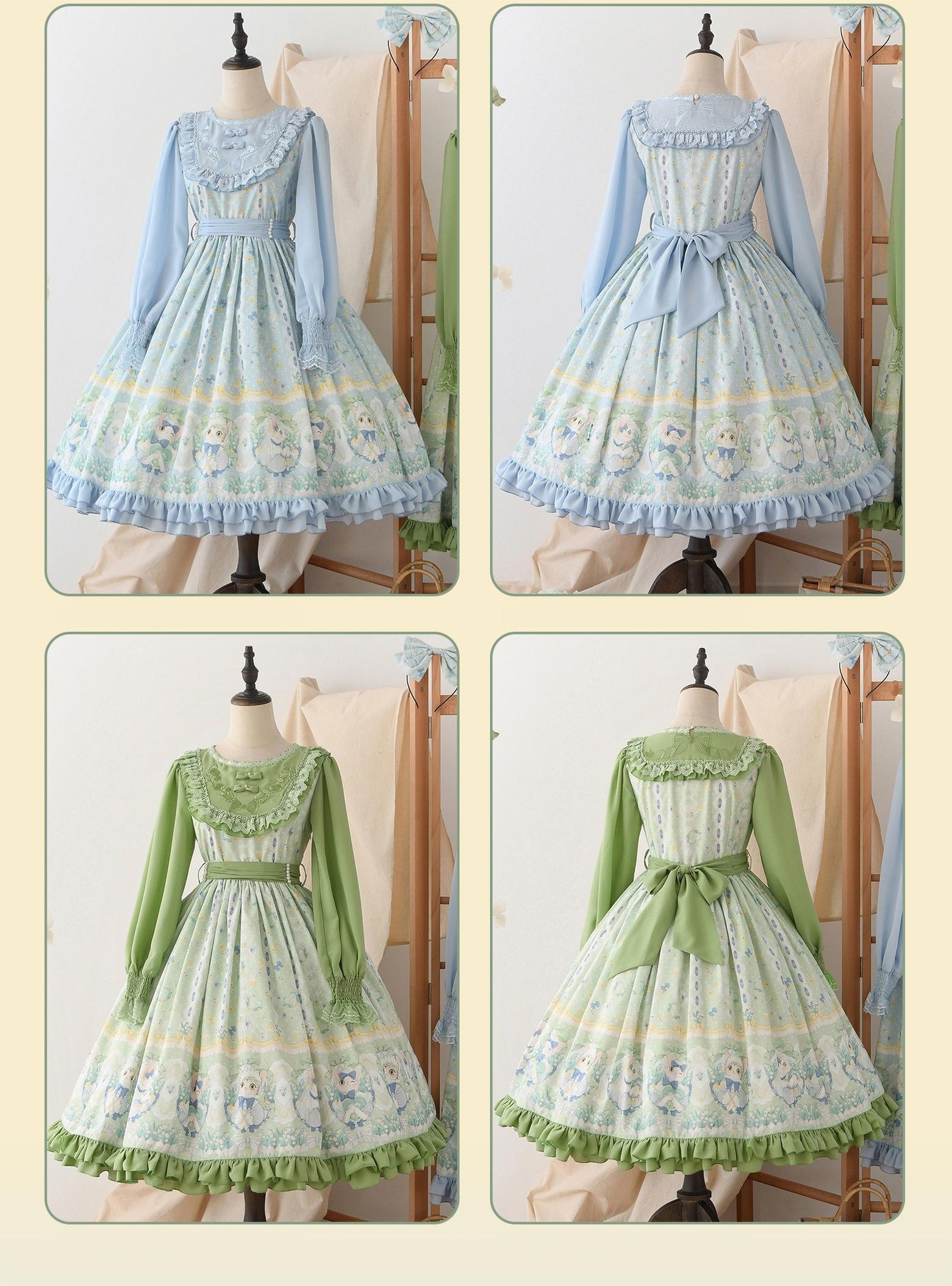 Strawberry Witch - Lily of the Valley Kitten - Country Lolita OP with Embroidery and Cat Print