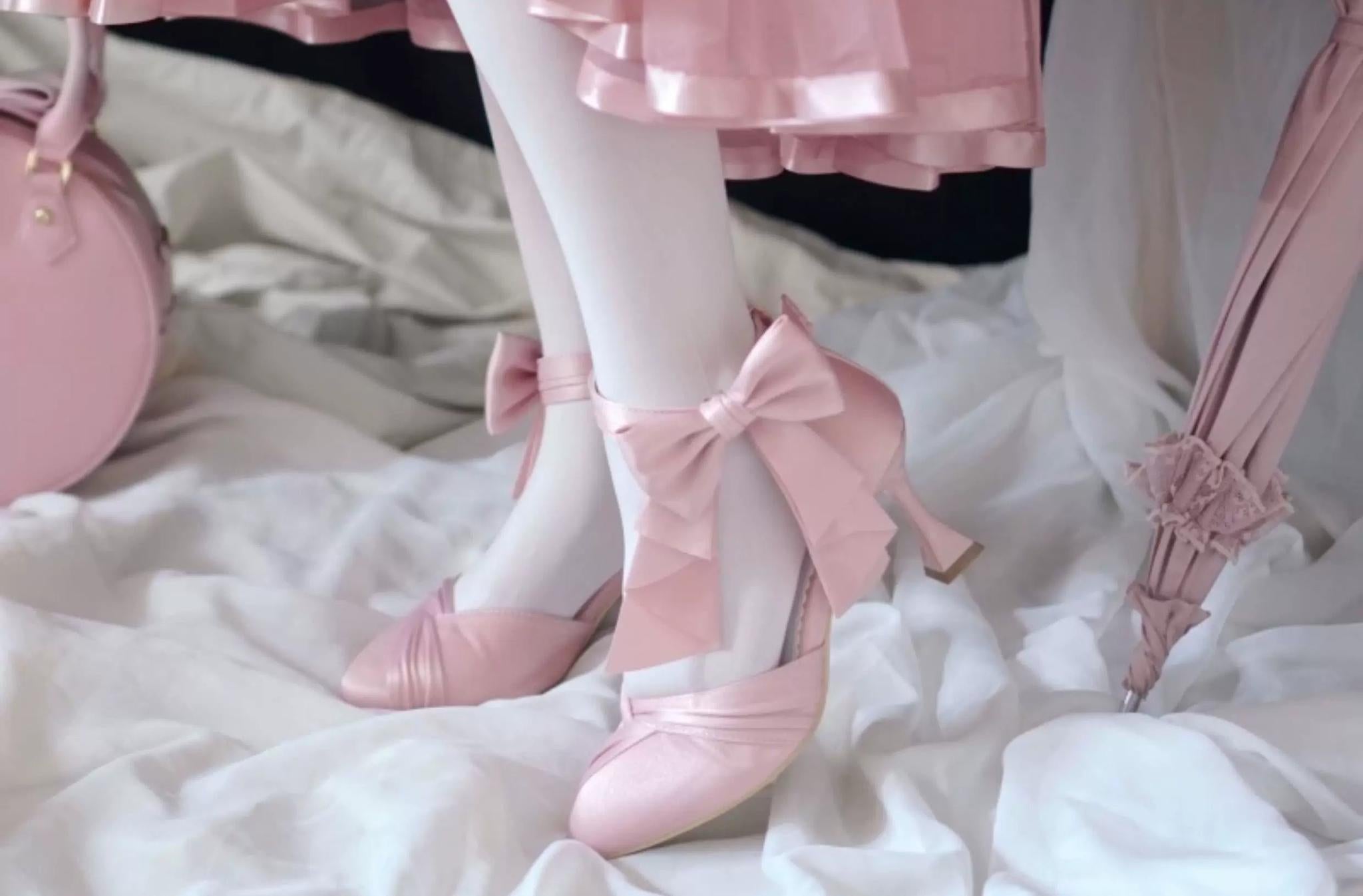 Coronation - Classic Lolita Wine Glass Shaped Heels Shoes, Detachable Bow Pink 34