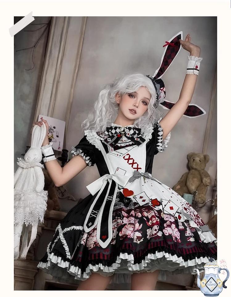 YingLuoFu - Alice - Kawaii Lolita OP Dress, Rabbit & Playing Card Motifs