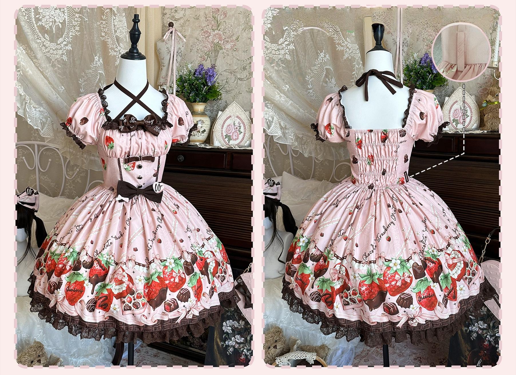Strawberry Chocolate Lovers - Kawaii Lolita Embroidered Printed Dress