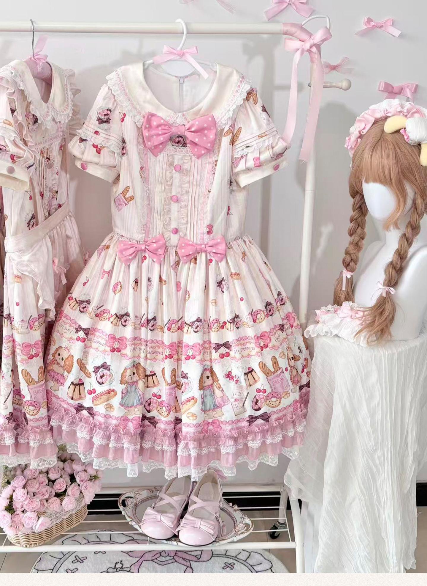 Full Sugar Bakery - Sweet Lolita Puppy Dessert Print OP Dress with Bows OP Only (with a waist tie) S