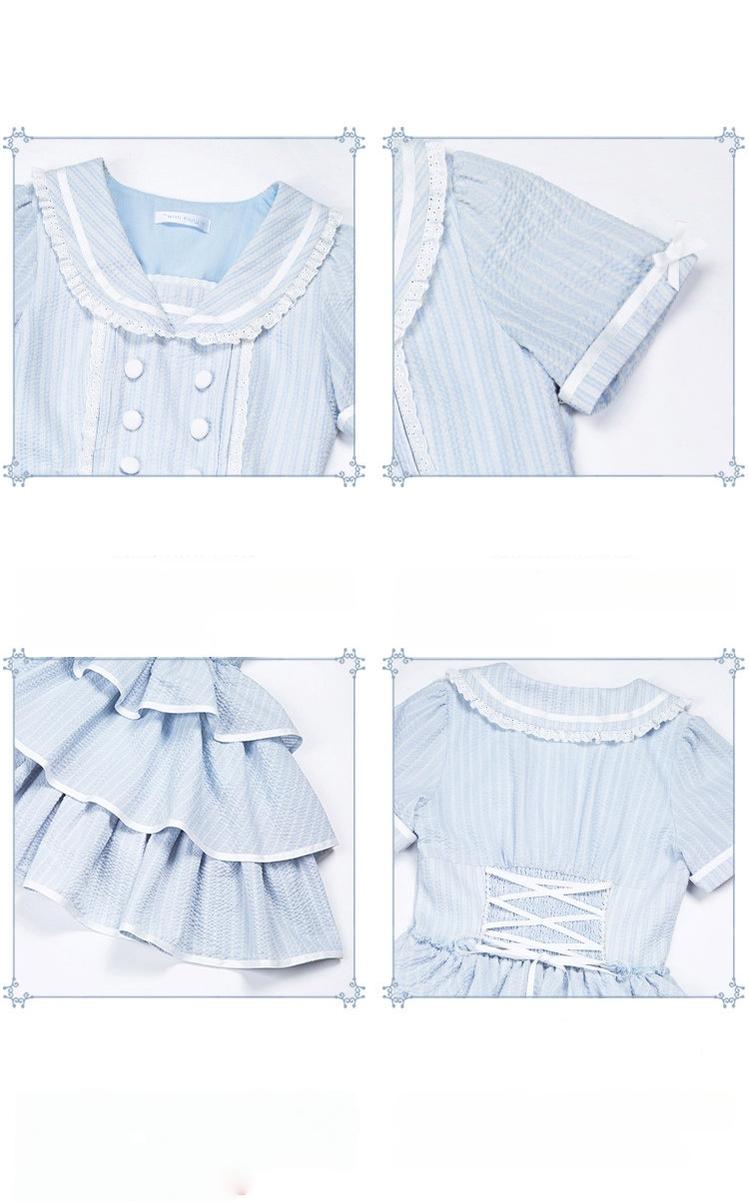 Seven-Day Bell - Blue Classic Lolita Striped OP Dress, Sailor Collar