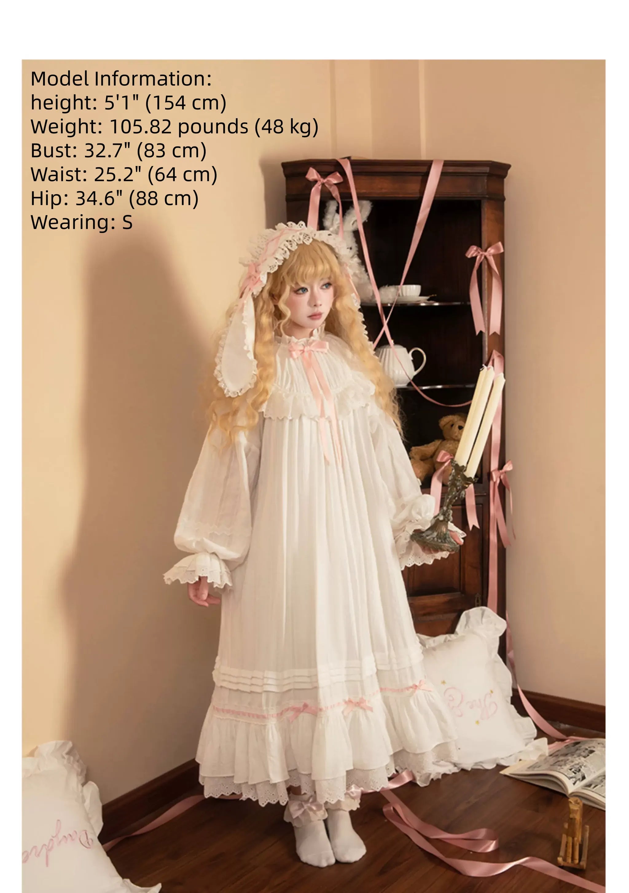 Lop-Eared Bunny Dream - Vintage Lolita Doll-like Nightdress, Ruffles & Bow