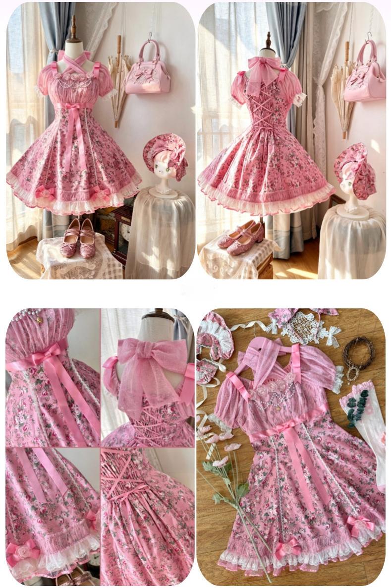 Crimson Poem - Old School Lolita Six-Panel Cut Floral Printed OP Dress 45550:852968