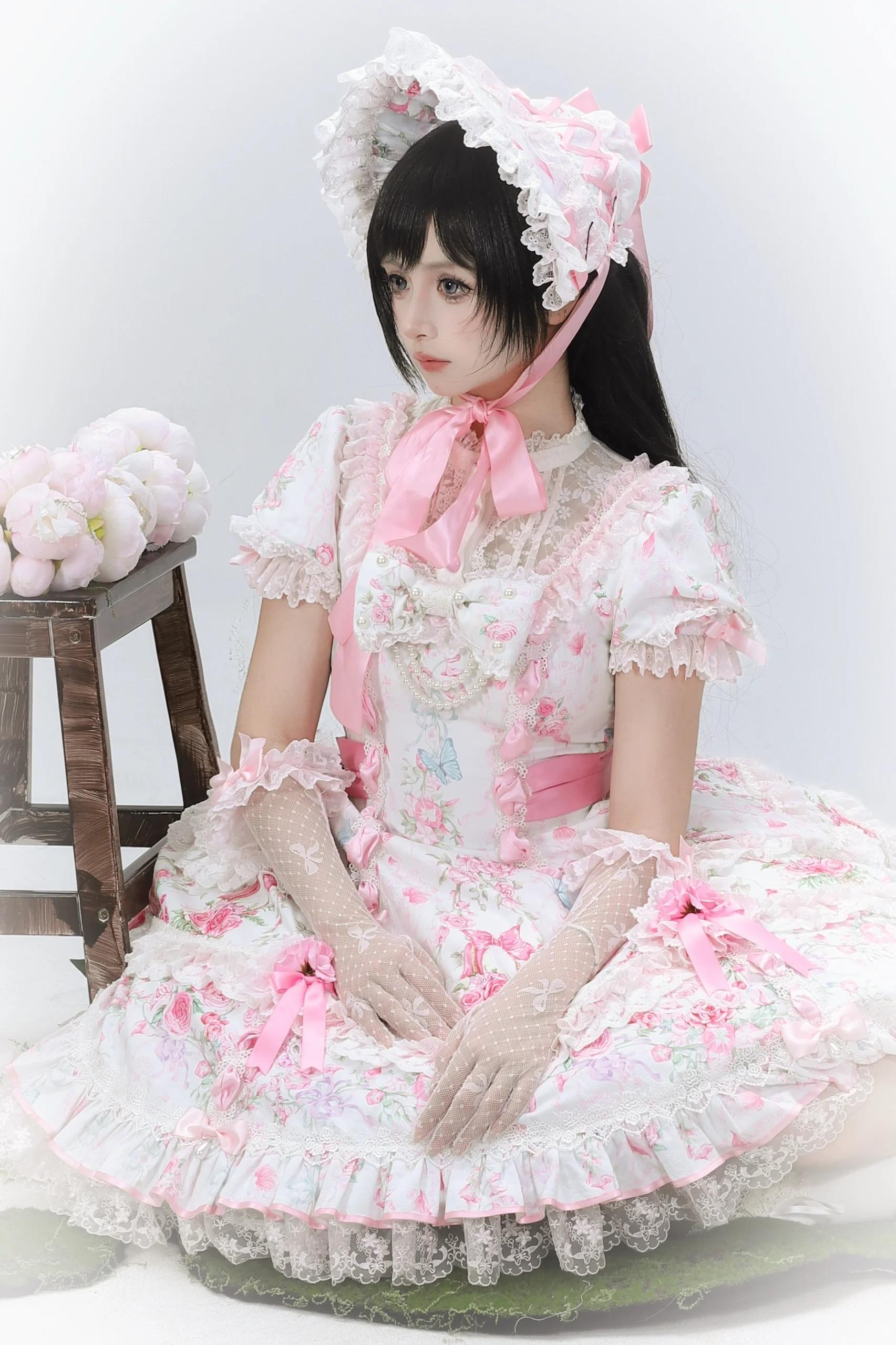Eternal Vow - Old School Lolita Jacquard OP, Floral and Butterfly Print 45830:865739