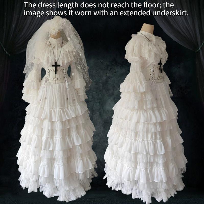 Teddy Bear - Halloween Gothic Wedding Lolita OP Dress White - Long Style (stand collar) S
