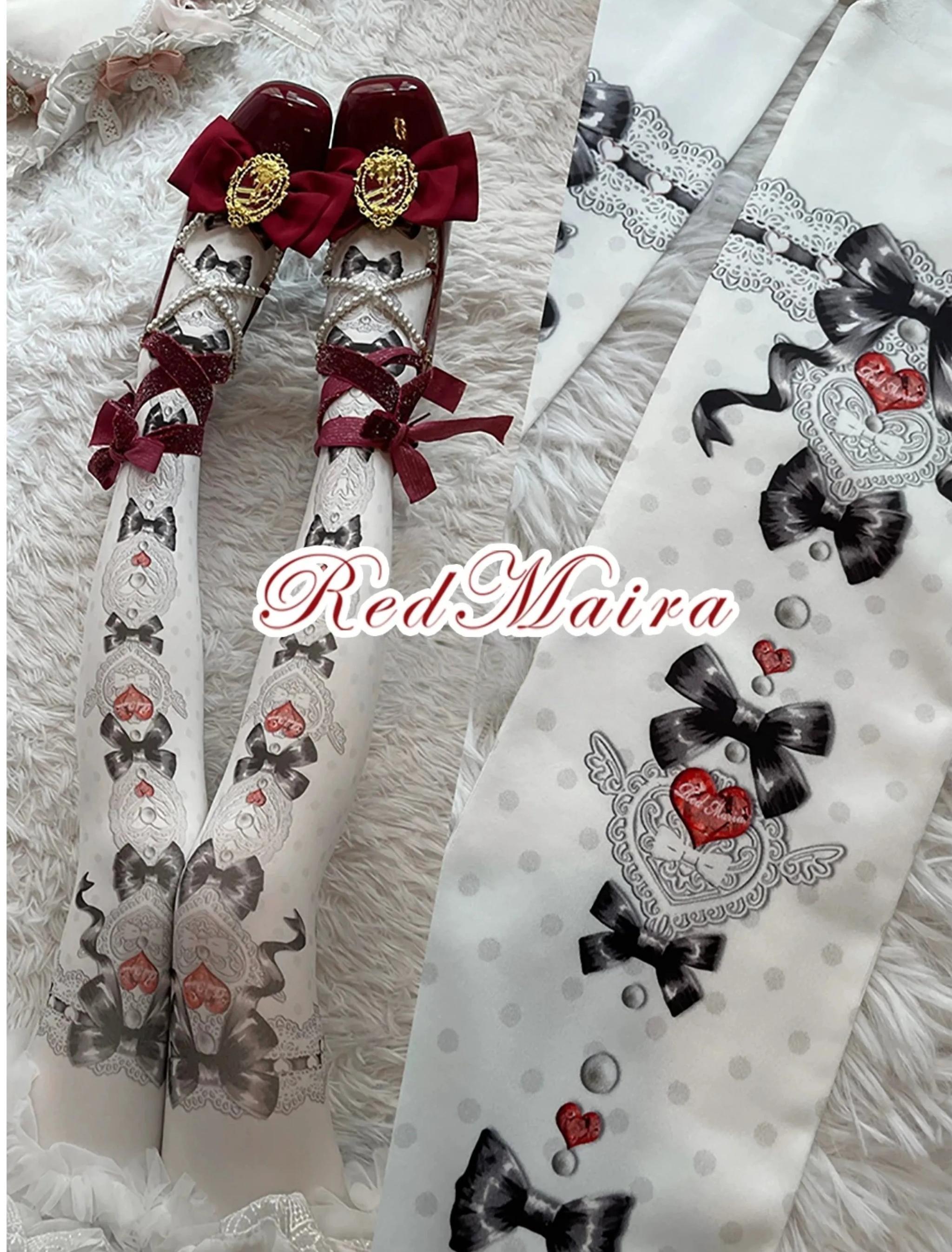 Sweet Lolita Polka Dot Printed Tights, Hearts and Bows Accent