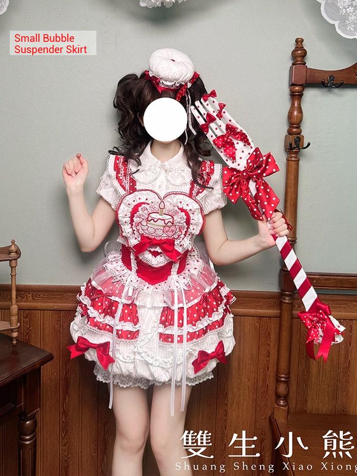 Shuang Sheng Xiao Xiong - Bite The Cake - Sweet Lolita Dress, Red & White Polka Dots 43600:780762