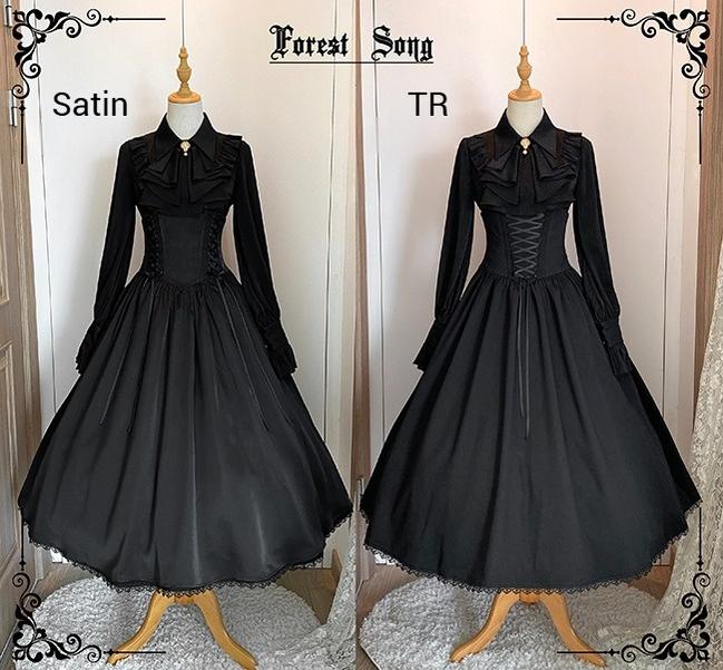 Forest Song - Astris - Reversible Classic Lolita High Waist Fishbone Skirt Black SK Only / Long / High-Waist S