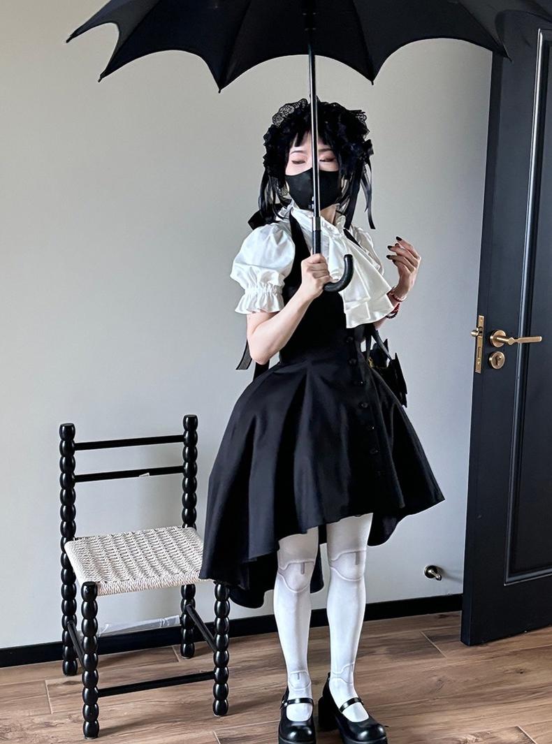 FlowerFairyDaily - Trace Night - Gothic Lolita Short-sleeved Shirt with Adjustable Waist