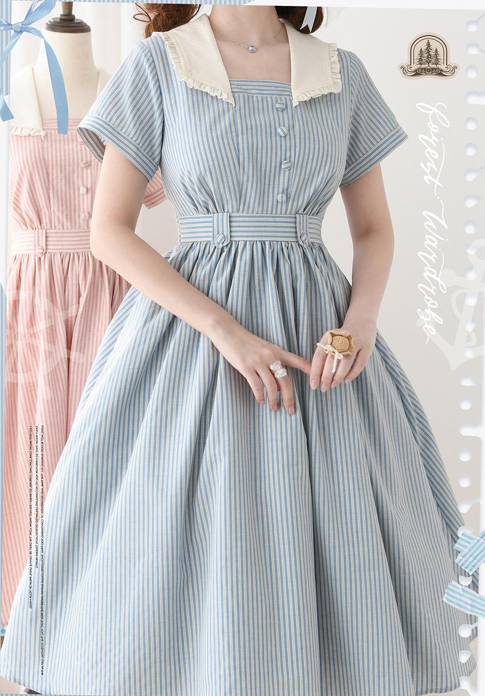 Endless Forest - Summer Striped Classic Lolita OP Dress, Short Sleeve