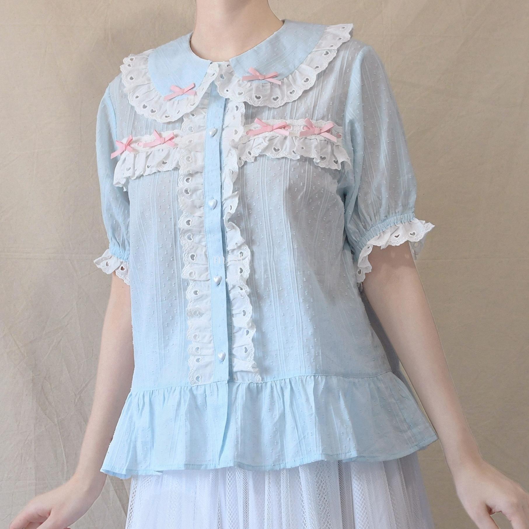 MIST - Cotton Sweet Lolita Blouse, Peter Pan Collar Blue and Pink S