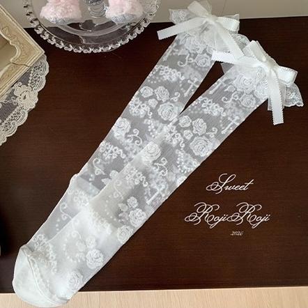 Summer Sweet Lolita Rose Jacquard Bow Socks 45682:858191